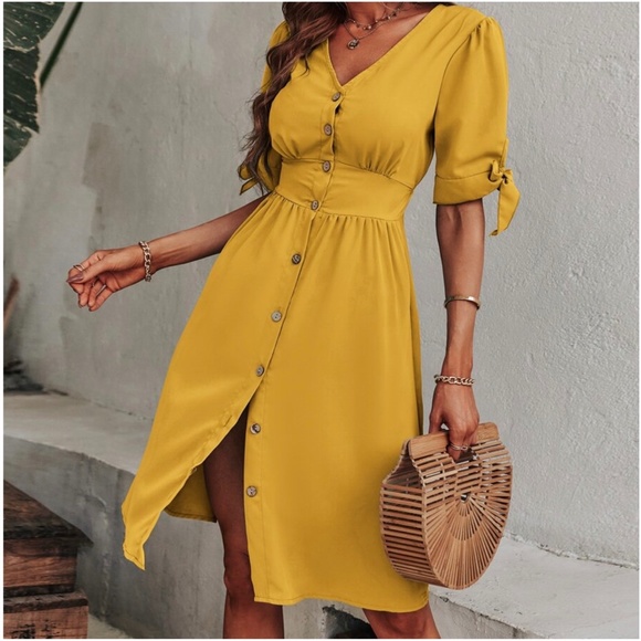 Boho Button up Puff Short Sleeve Midi Dress - Picture 7 of 10